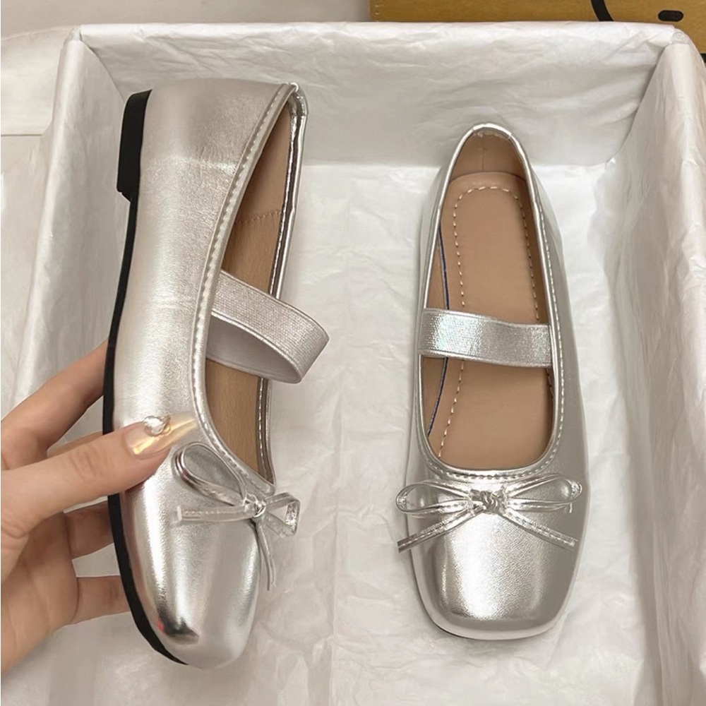 Silver Ballet Flats with Bow